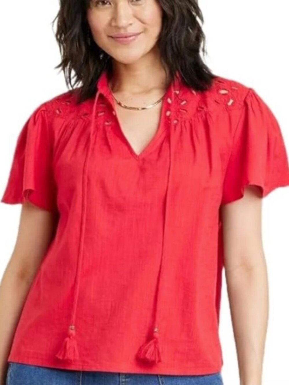 NWT! Knox Rose | Cotton Embroidered Floral Tie Neck Tassel Short Sleeve Peasant